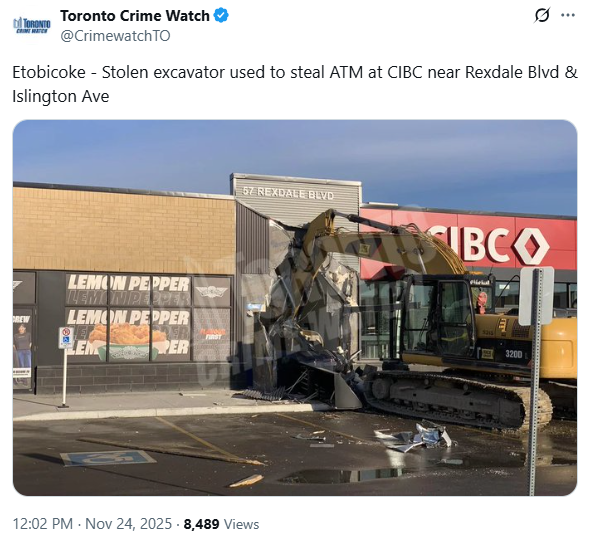 多伦多又出奇葩案件！挖掘机直接撞进银行？凌晨ATM机房被硬生生“掀开”了！