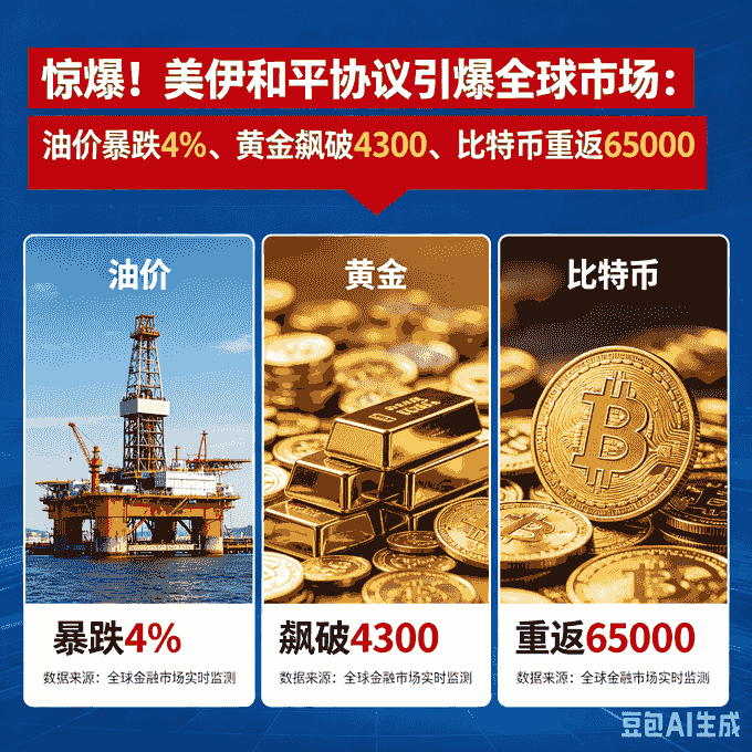 惊爆！美伊和平协议引爆全球市场：油价暴跌4%、黄金飙破4300、比特币重返65000！