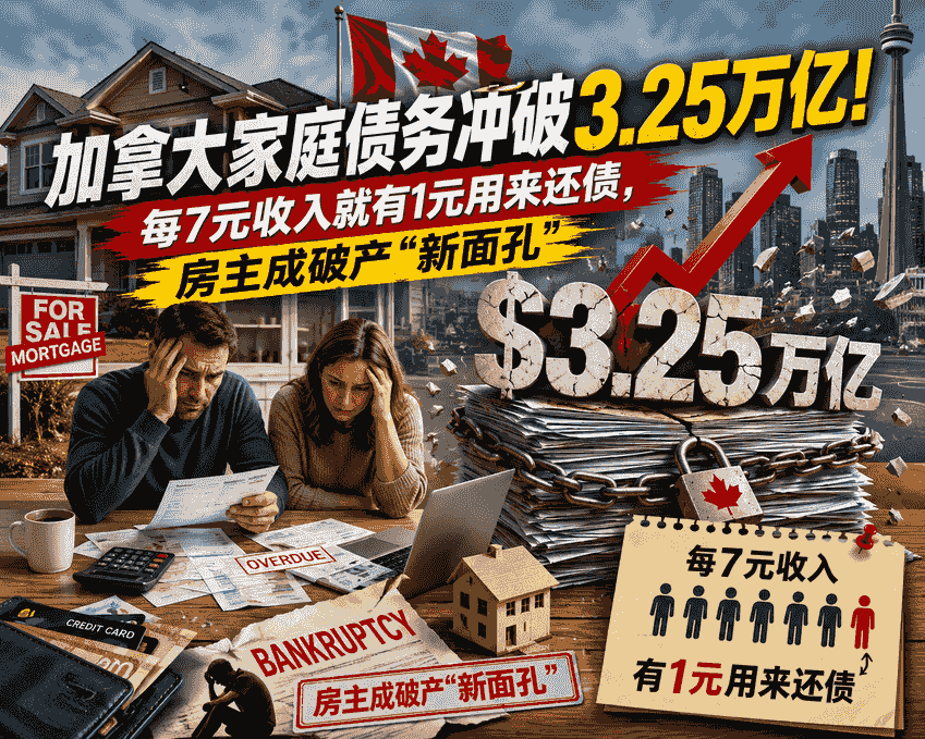 加拿大家庭债务冲破$3.25万亿！每7元收入就有1元用来还债，房主成破产“新面孔”