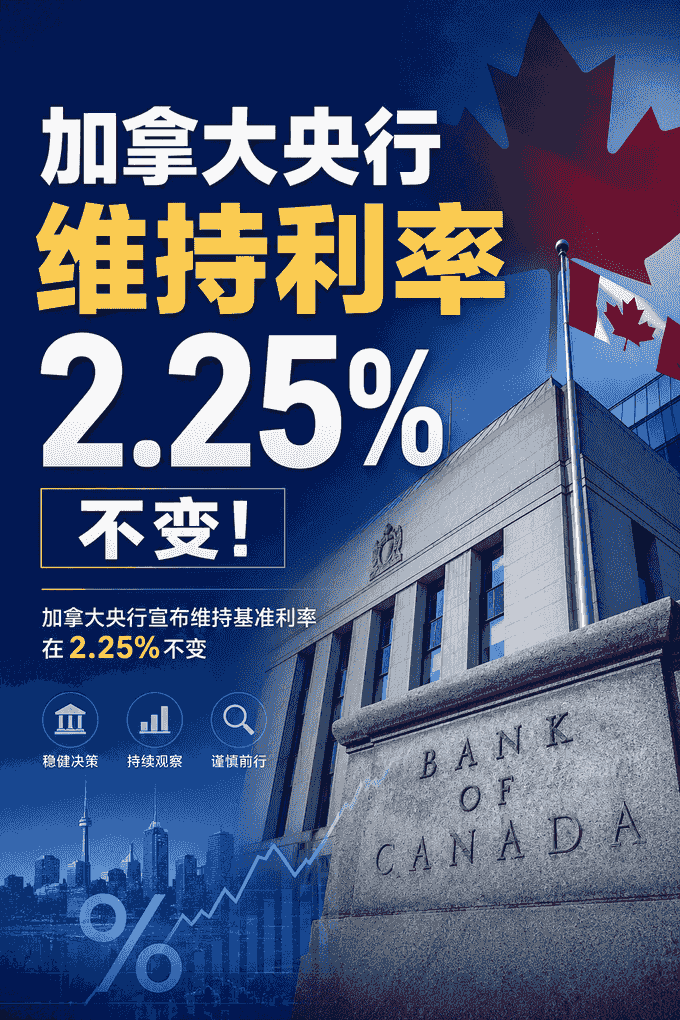加拿大央行连续按兵不动！基准利率维持2.25%不变