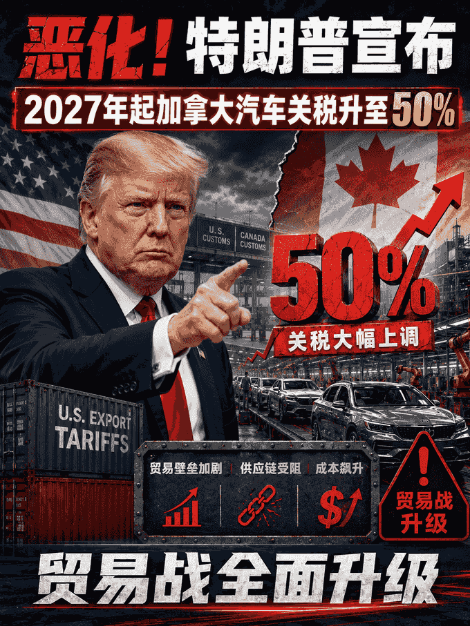 恶化！特朗普宣布：2027年起加拿大汽车关税升至50%，贸易战全面升级