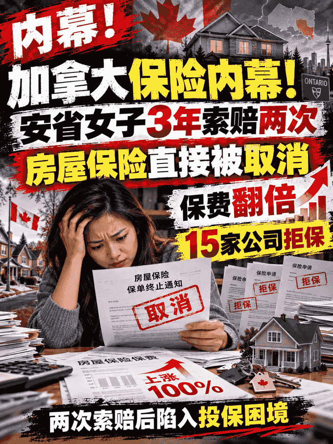 加拿大保险内幕！安省女子3年索赔两次，房屋保险直接被取消——保费翻倍，15家公司拒保